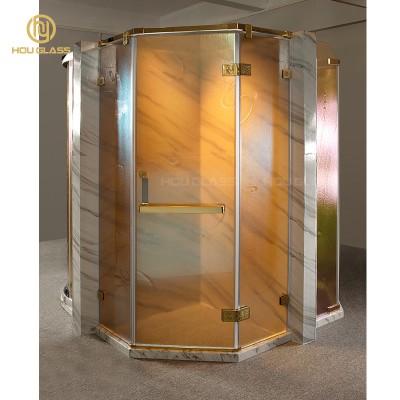 HOU GLASS  Luxury Gold 3 sided frameless diamond shower enclosure with accessories whole set